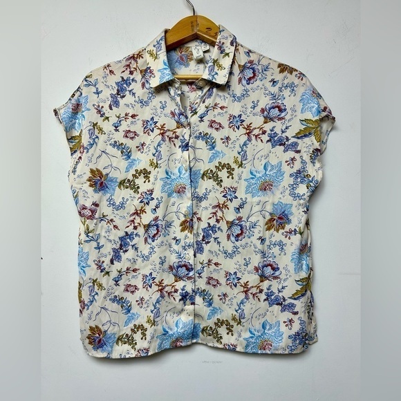 JOIE FLORAL SATIN BUTTON DOWN LIGHTWEIGHT SHORT SLEEVE BLOUSE TOP SIZE S/P - Picture 2 of 9